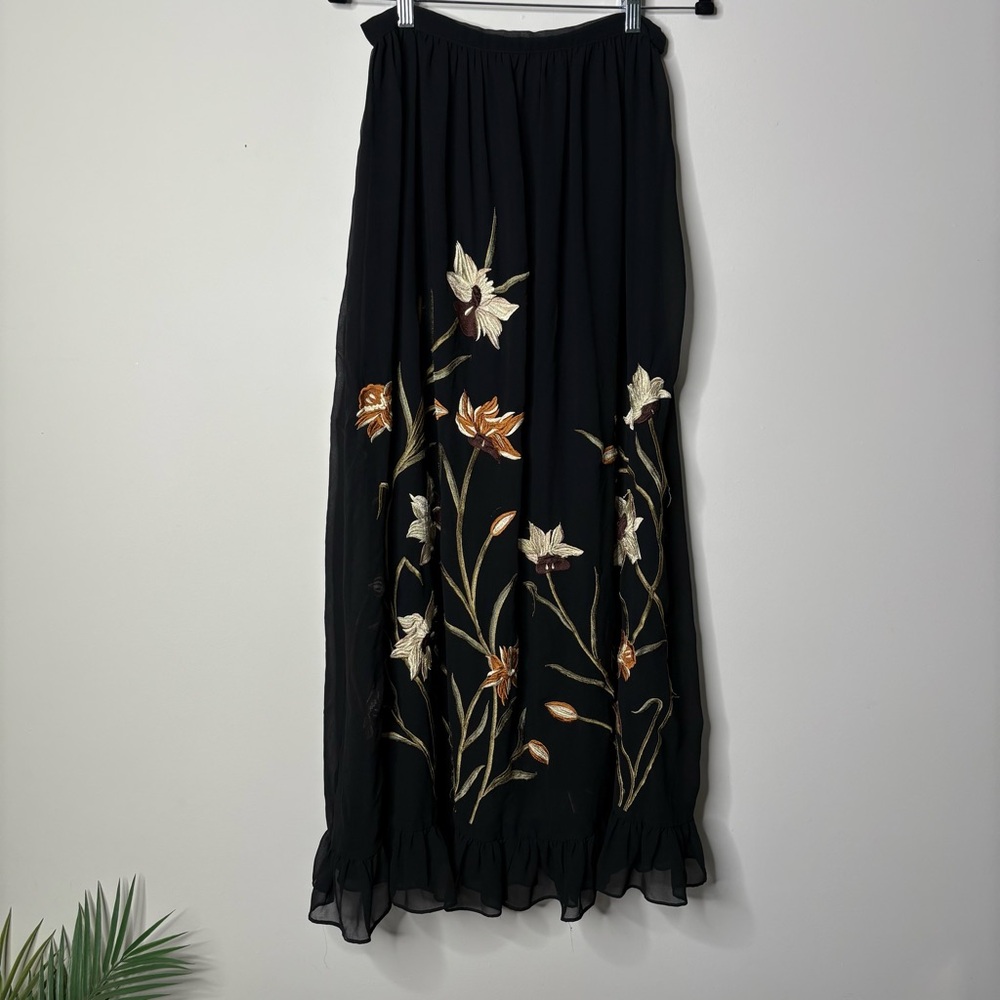 Anthropologie Varun Bahl Floral Embroidered Maxi Black Skirt - Picture 2 of 5